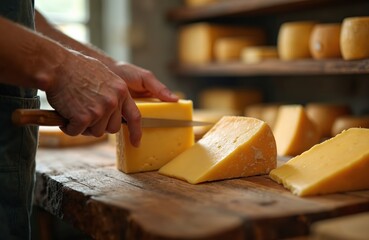 Artisan cuts cheese on wooden board. Dairy product cheesemaking process in cheese shop. Closeup of hands, knife slicing blocks. Traditional artisanal preparation, food photography.