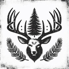 Fototapeta premium Woodcut Stag Pine Crown Festive Sprigs