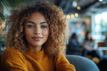 Confident Woman with Curly Hair in Cozy Cafe Setting