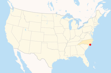 Location Map of the city Wilmington in North Carolina, USA. The state is marked orange and the city is highlighted with a red dot. No labels at all.
