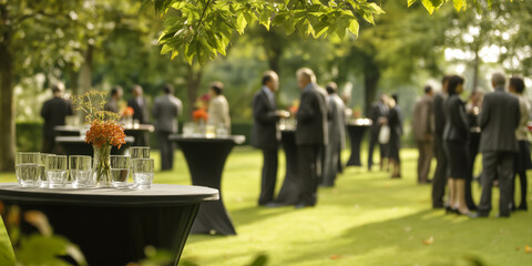 Outdoor gathering with people networking on lush green lawn, small round tables, and flowers. Sunny and relaxed atmosphere.