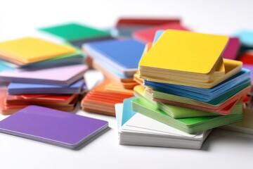 A vibrant stack of colorful cards, showcasing a spectrum of hues and textures.  Perfect for design projects!