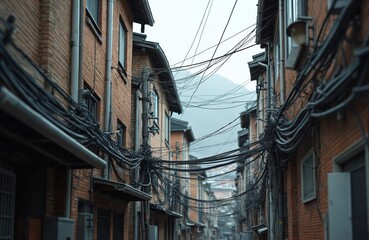 Narrow street in old Seoul city with electricity cables. Traditional brick buildings in Korean town. Wires, communication system, infrastructure, urban scene of Seoul. Cables network in Asia.