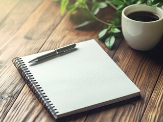 Photo Of A Blank Notebook With Pen Cup And Green Leaves On Table