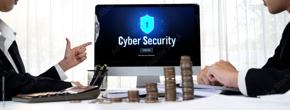Poster cyber security system on computer screen protect private information brisk from hacker and cyber att