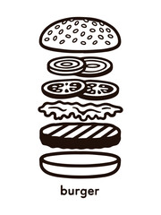 Burger ingredients stacked vertically in bold vector ink style