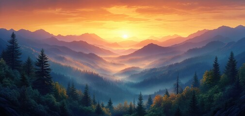 Obraz premium Serene Mountain Landscape with Misty Sunrise Over Forested Hills