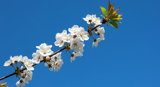 Branch with white cherry blossoms against blue sky in spring