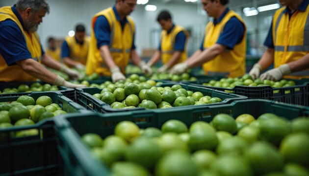 Warehouse workers in uniform packing fresh limes for shipment. Employees sort, label crates, prepare produce for export. Logistic industry, food processing, healthy eating concept.