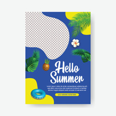 Editable print flyer or poster for summer sale, tropical summer beach pool party a4 size vertical poster design with tropical summer vector background, summer Holiday and tour poster or flyer design