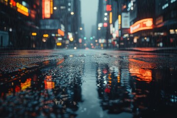 Obraz premium Rainy Urban Night Scene with Reflections on City Street