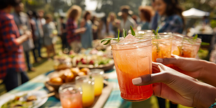 Outdoor party: Drinks, food, and fun times with friends and family enjoying good weather. Social event in garden. 
