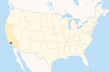Location Map of the city Simi Valley in California, USA. The state is marked orange and the city is highlighted with a red dot. No labels at all.