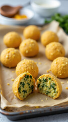 Fototapeta premium Keto bread rolls on a baking sheet with flaked sea salt on top.