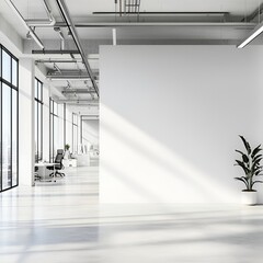 Obraz premium A pristine white office interior, its walls adorned with a mock-up wall, ready for your creative vision, offering a blank canvas for your design aspirations.