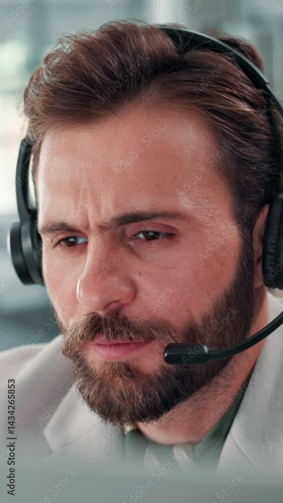 Poster headset, man and customer service agent in office with communication, contact us or helpdesk. talkin