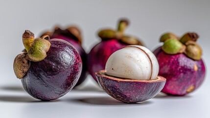 Mangosteen fruit, half open, on white background