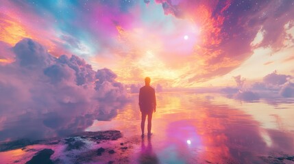 Fototapeta premium A person stands alone in a vibrant sunset, surrounded by colorful clouds and shimmering reflections in the water.