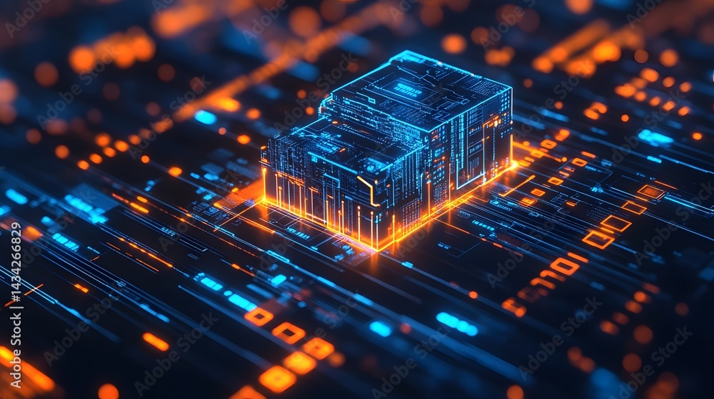Poster digital processor concept: illuminated with a vibrant display of neon light, this photorealistic ima