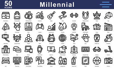 Millennial lifestyle icons featuring gadgets, food, travel, music, fitness, social media, and more. Great for youth culture and modern content.