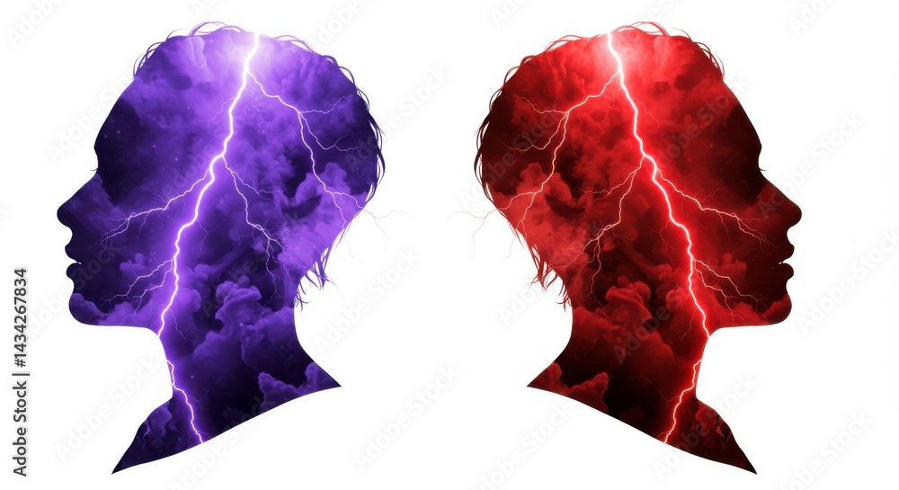 Poster heads with lightning and clouds isolated on white background