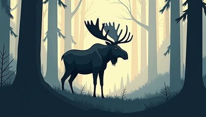 Majestic moose standing in misty forest background  