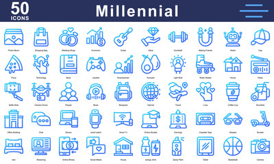 Millennial lifestyle icons featuring gadgets, food, travel, music, fitness, social media, and more. Great for youth culture and modern content.