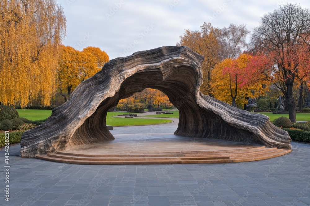 Poster abstract archway structure made of wood and concrete in an autumn park setting