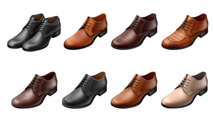 Selection of eight pairs of leather dress shoes in various colors arranged on a black background