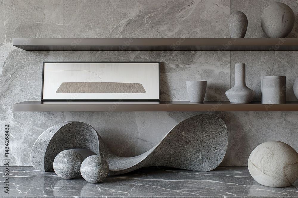 Poster minimalist marble display with floating shelves and modern stone art objects
