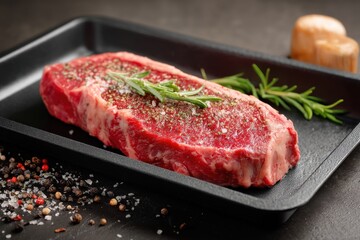 Fototapeta premium Close-up of a seasoned strip steak resting on a dark tray, ready for cooking. The rich marbling and fresh herbs enhance its appeal.