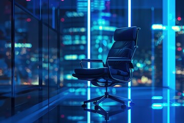 Executive office chair in a modern office with a night city view in blue tones