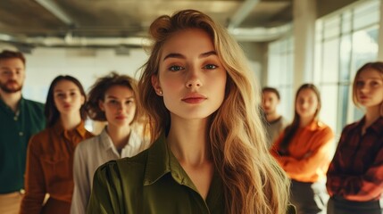 Fototapeta premium Confident Leader Among Diverse Team in Modern Workspace