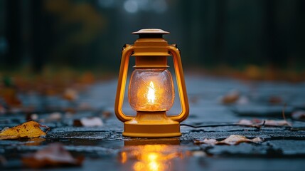 Warm light of a lantern in autumnal rain
