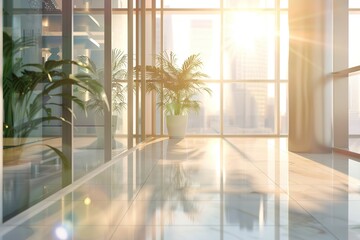 Fototapeta premium Bright modern office space with plants and expansive windows flooding the room with sunlight