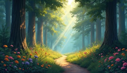 Obraz premium Illustration forest path bathed in sunlight. Tall trees, blooming flowers. Trail leads through nature, evoking feelings of peace, tranquility, travel. Perfect for eco projects, travel agencies.