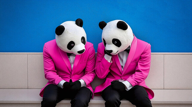 Panda-Faced Duo in Pink Suits: Two figures in panda masks, donned in vibrant pink suits, strike a pose. Capturing an atmosphere of mystery and whimsy.
