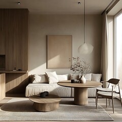 Elegant lounge decorated in beige and gray tones high resolution picture