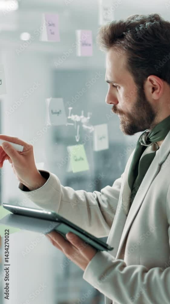Poster glass wall, planning and tablet with business man in office for brainstorming or strategy. mind map,