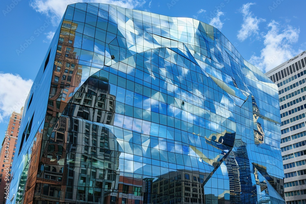 Poster reflective facade building with distorted mirrored buildings and sky patterns