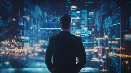 The Data Weaver: A businessman, dressed in a suit, stands before a digital screen displaying a vast landscape of complex data.