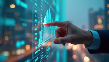 Businessman touches futuristic digital screen, analyzing charts. Finger points data, financial tech innovation. Cyberspace interface with charts, graphs. Innovation, business, finance, technology,