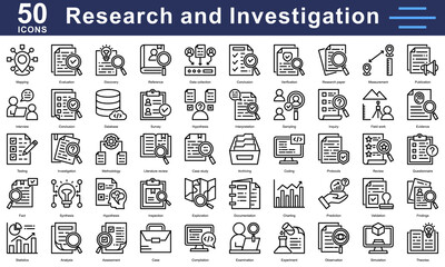 Research and investigation icons for academic, scientific, and data projects—covering analysis, discovery, validation, reports, and more.
