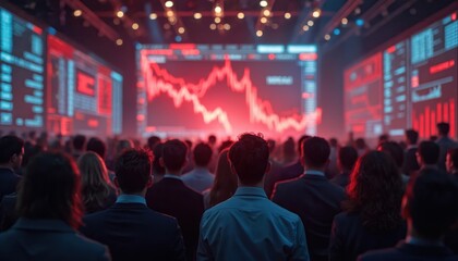 Chaotic stock exchange scene. Traders react sudden market crash, price drop. Bold reds, sharp decline arrows on screens. Financial crisis, economic downturn, value loss concept.