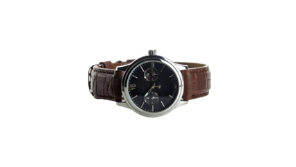 Men's Wristwatch with Leather Strap on Transparent Background