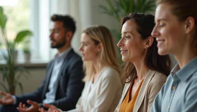 Group of diverse colleagues during meditation. People meditate together, practice mindfulness for stress relief at work. Mental health, work-life balance, team building. Indoor room background with