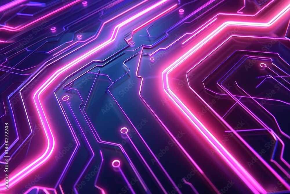 Poster glowing circuit board with intricate neon lines and connections for technology themes