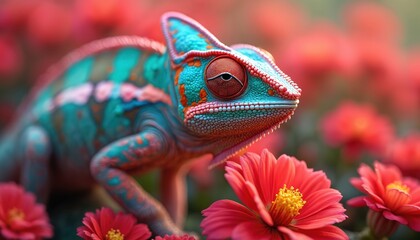 Vibrant chameleon blends with colorful flowers in garden. Reptile, animal, nature, camouflage, adaptation, closeup, portrait, beauty, colourful, habitat, species, tropical, bright, scale, foliage,