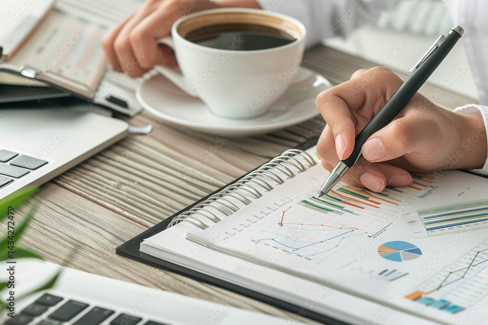 Poster analyzing charts at a desk with a cup of coffee next to a laptop computer
