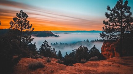 Sunrise over a misty valley.  A breathtaking view of a tranquil valley blanketed in a colorful sunrise.  Pine trees frame the scene